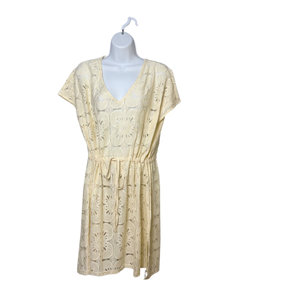 Vimpunec Women Cream Yellow Floral Lace Crochet Swim Cover Up Dress Size L NWT
